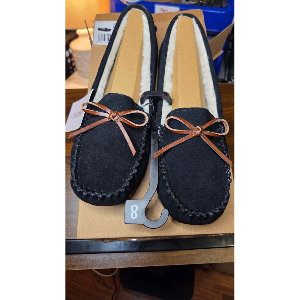 Joyspun Womens Black Faux Suede Moccasin Slippers Faux Fur Lined Size 8 NEW